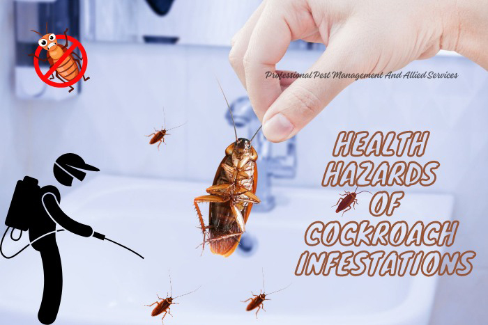 Fingers pinching a cockroach with text about health hazards of cockroach infestations, emphasizing pest control solutions by Professional Pest Management And Allied Services Pvt. Ltd. in Chennai.