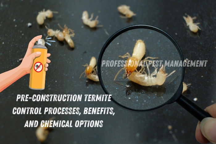 Close-up view of termites under a magnifying glass, with text 'Pre-Construction Termite Control Processes, Benefits, and Chemical Options', promoting termite control services by Professional Pest Management in Chennai